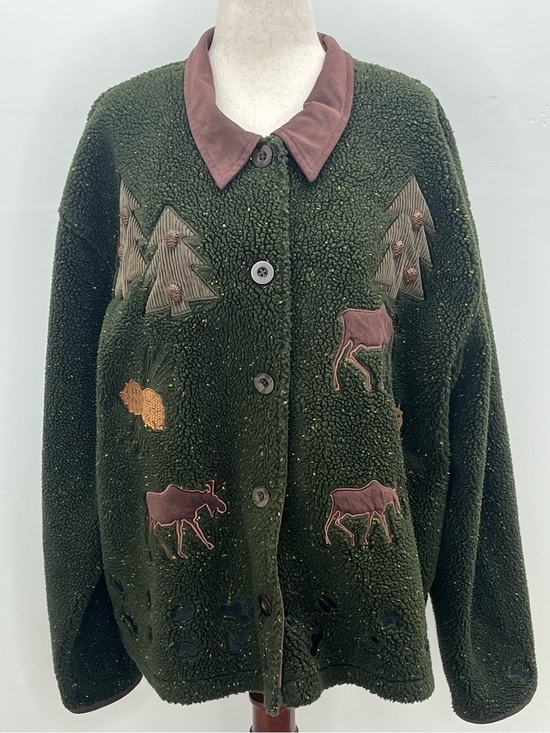 Cabela's Jackets & Blazers - Cabelas Womens Green Moose Pine Tree Applique Cabin Core Sherpa Fleece Jacket XL